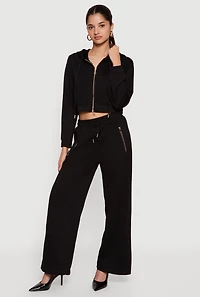 Cropped Long Sleeve Zip Front Drawstring Hoodie