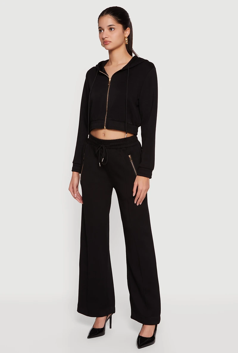 Cropped Long Sleeve Zip Front Drawstring Hoodie