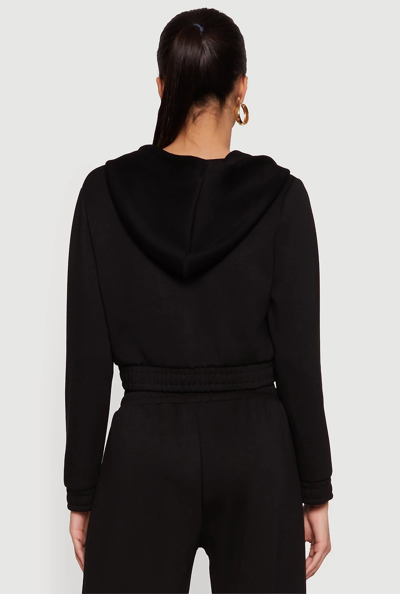 Cropped Long Sleeve Zip Front Drawstring Hoodie