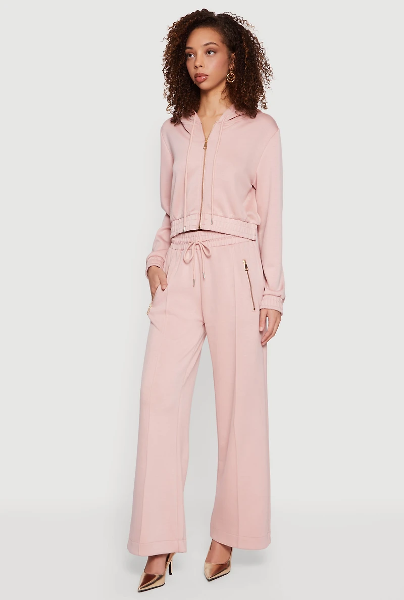 Cropped Long Sleeve Zip Front Drawstring Hoodie