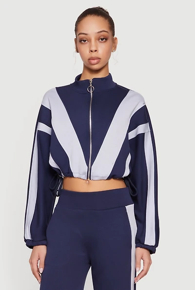 Color Blocked Drawstring Waist Zip Front Crop Sweatshirt