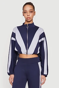 Color Blocked Drawstring Waist Zip Front Crop Sweatshirt