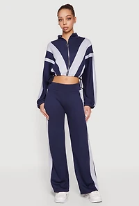 Color Blocked Drawstring Waist Zip Front Crop Sweatshirt