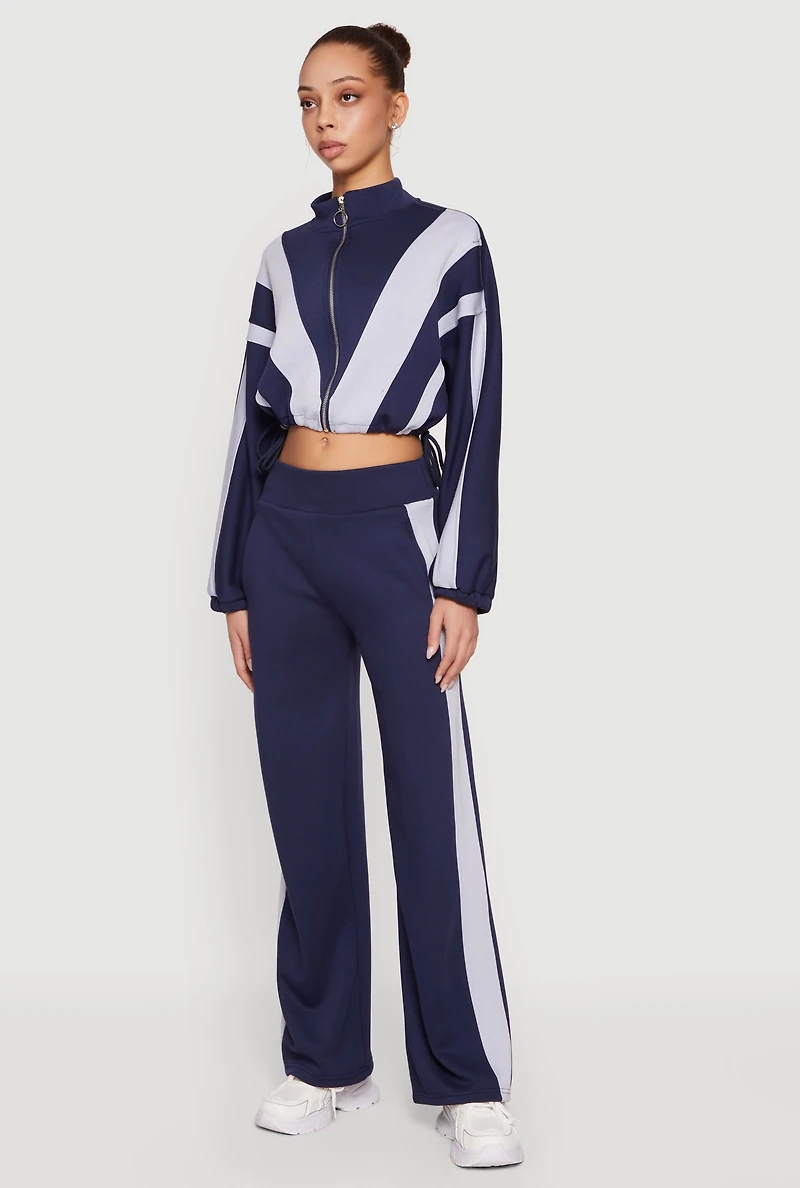 Color Blocked Drawstring Waist Zip Front Crop Sweatshirt