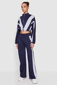 Color Blocked Drawstring Waist Zip Front Crop Sweatshirt