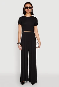 Womens Solid Short Sleeve Crew Neck Crop Top, Black, Size M