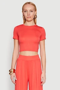 Solid Short Sleeve Crew Neck Crop Top