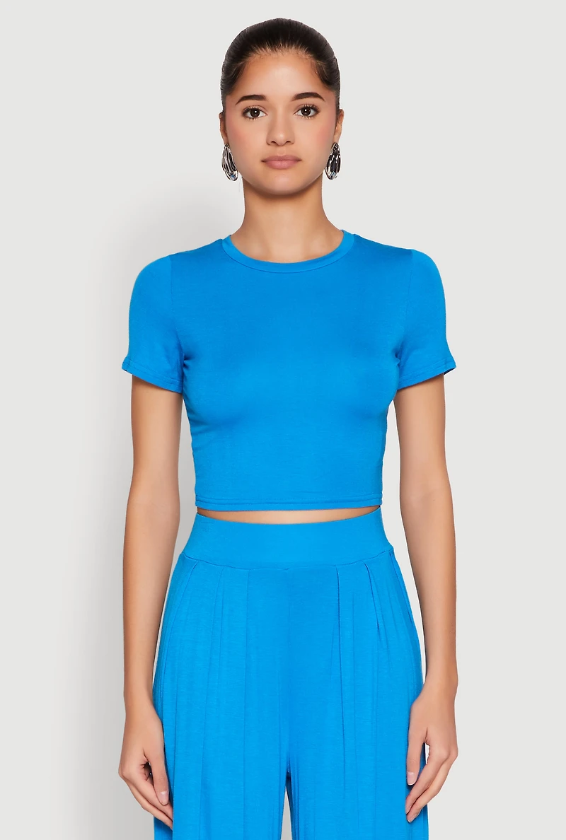 Womens Solid Short Sleeve Crew Neck Crop Top, Blue, Size S
