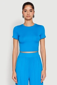 Womens Solid Short Sleeve Crew Neck Crop Top, Blue, Size S