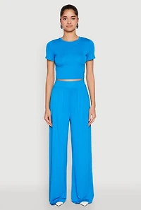 Womens Solid Short Sleeve Crew Neck Crop Top, Blue, Size S