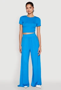 Womens Solid Short Sleeve Crew Neck Crop Top, Blue, Size S