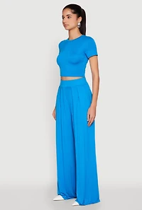 Womens Solid Short Sleeve Crew Neck Crop Top, Blue, Size S