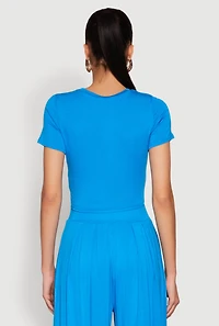 Womens Solid Short Sleeve Crew Neck Crop Top, Blue, Size S