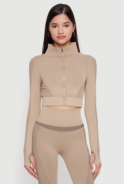 Seamless Compression Rib Zip Front Cropped Active Jacket