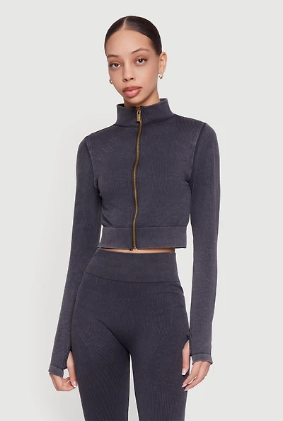 Seamless Acid Wash Zip Front Cropped Active Jacket