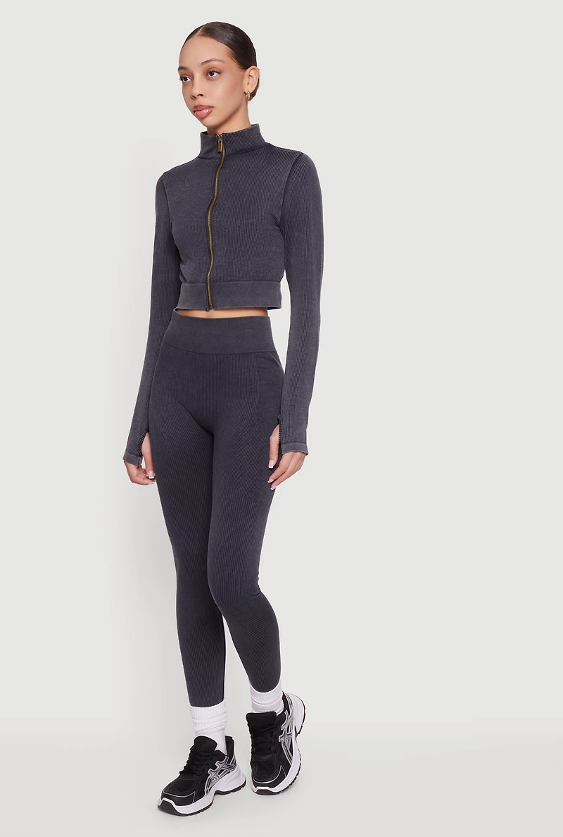 Seamless Acid Wash Zip Front Cropped Active Jacket