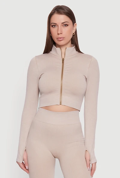 Seamless Acid Wash Zip Front Cropped Active Jacket