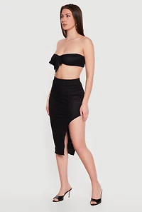 High Waisted Textured Knit Side Slit Midi Skirt