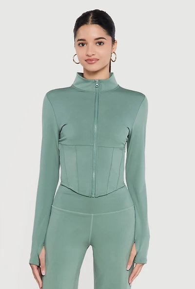 Zip Front Corset Detail Mock Neck Track Jacket