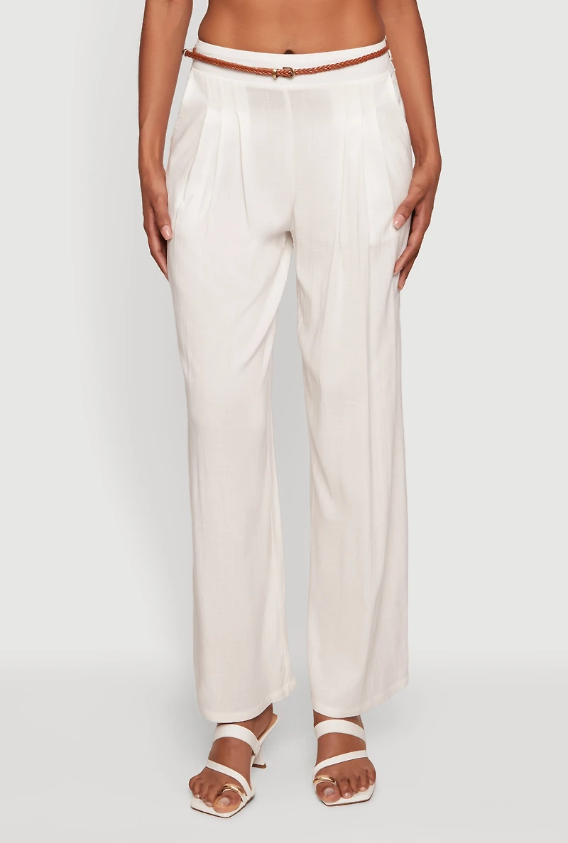 Gauze Knit High Waist Belted Straight Leg Casual Pants