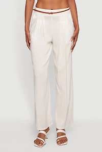 Gauze Knit High Waist Belted Straight Leg Casual Pants