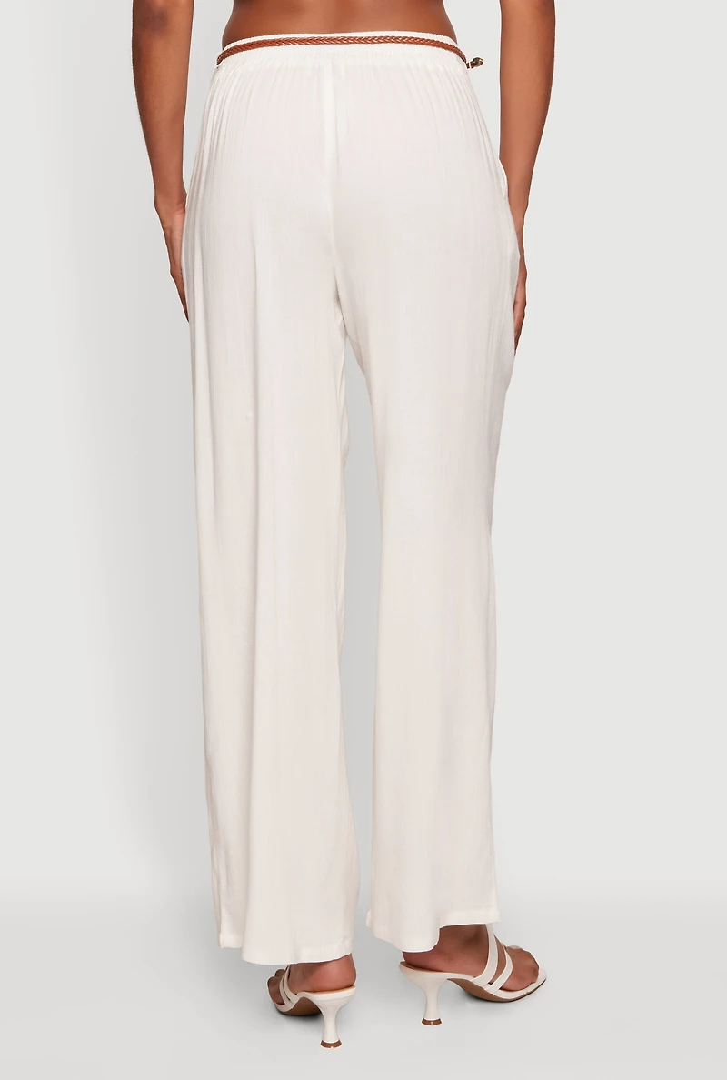 Gauze Knit High Waist Belted Straight Leg Casual Pants