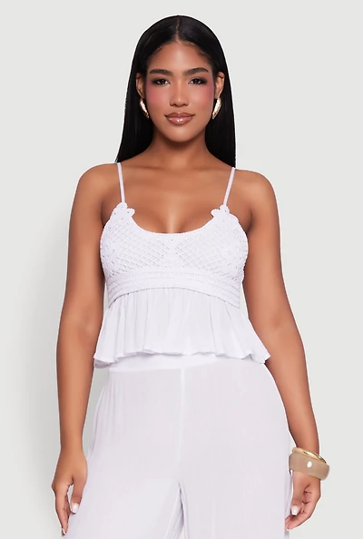 Womens Crochet Overlay Peplum Crop Top with Scoop Neck, White, Size L