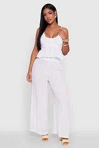 Womens Crochet Overlay Peplum Crop Top with Scoop Neck, White,