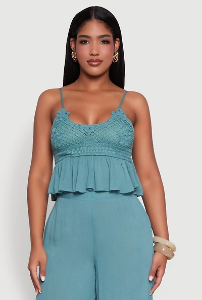 Womens Crochet Overlay Peplum Crop Top with Scoop Neck, Green, Size S
