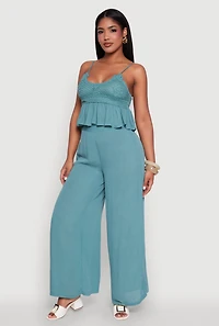Womens Crochet Overlay Peplum Crop Top with Scoop Neck, Green, Size S