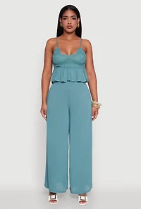 Womens Crochet Overlay Peplum Crop Top with Scoop Neck, Green, Size S