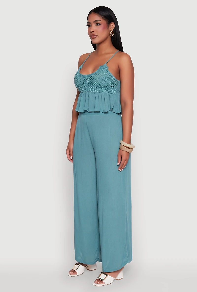 Crochet Overlay Peplum Crop Top with Scoop Neck