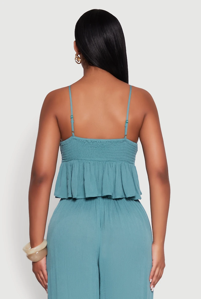 Womens Crochet Overlay Peplum Crop Top with Scoop Neck, Green, Size S