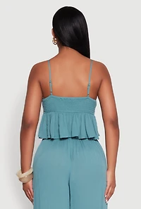 Womens Crochet Overlay Peplum Crop Top with Scoop Neck, Green, Size S