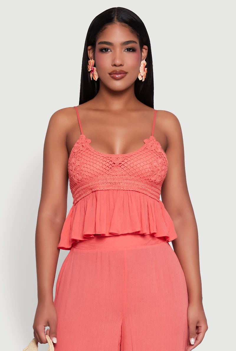 Womens Crochet Overlay Peplum Crop Top with Scoop Neck, Pink, Size S