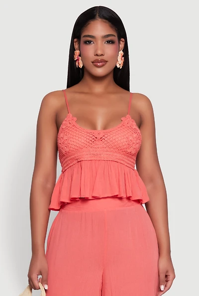 Womens Crochet Overlay Peplum Crop Top with Scoop Neck, Pink, Size S