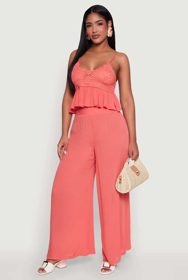 Womens Crochet Overlay Peplum Crop Top with Scoop Neck, Pink, Size S