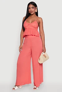 Womens Crochet Overlay Peplum Crop Top with Scoop Neck, Pink, Size S