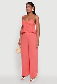 Womens Crochet Overlay Peplum Crop Top with Scoop Neck, Pink, Size S