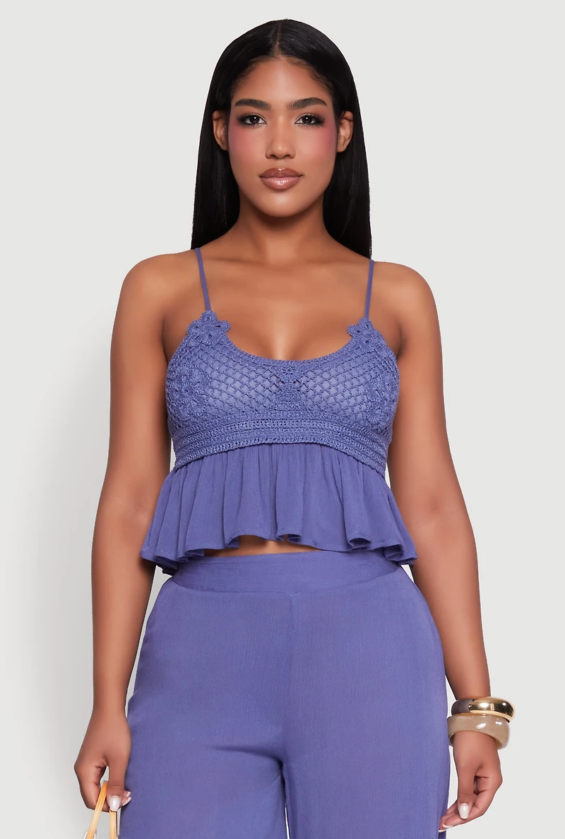 Womens Crochet Overlay Peplum Crop Top with Scoop Neck, Blue, Size M