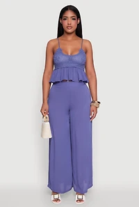 Womens Crochet Overlay Peplum Crop Top with Scoop Neck, Blue, Size M
