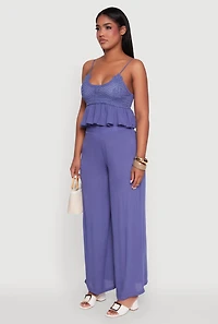 Womens Crochet Overlay Peplum Crop Top with Scoop Neck, Blue, Size M