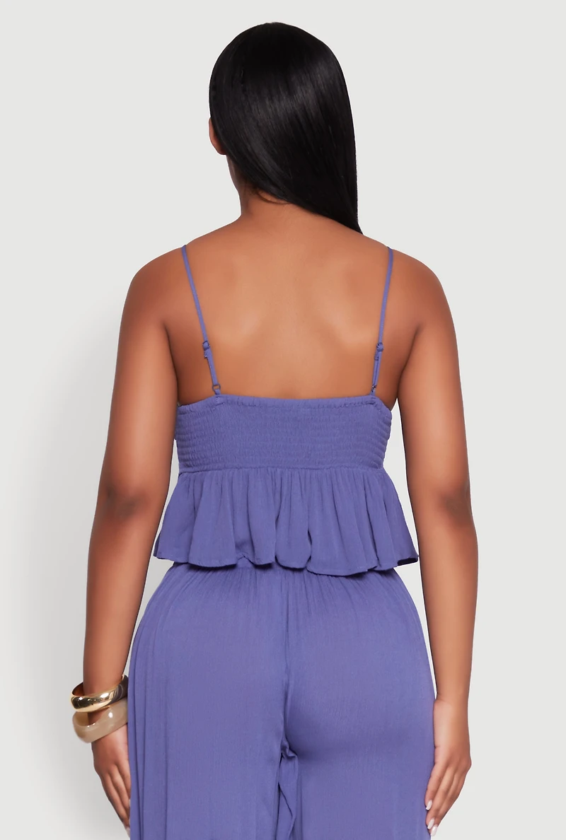Womens Crochet Overlay Peplum Crop Top with Scoop Neck, Blue, Size M