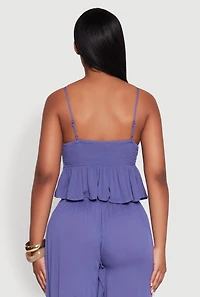 Womens Crochet Overlay Peplum Crop Top with Scoop Neck, Blue, Size M