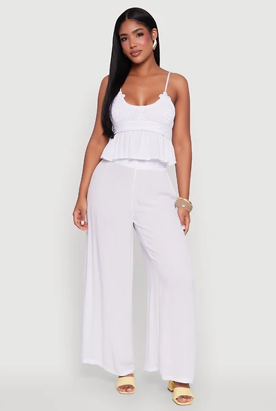 Womens Stylish Gauze Knit High Waisted Palazzo Pants, White, Size M