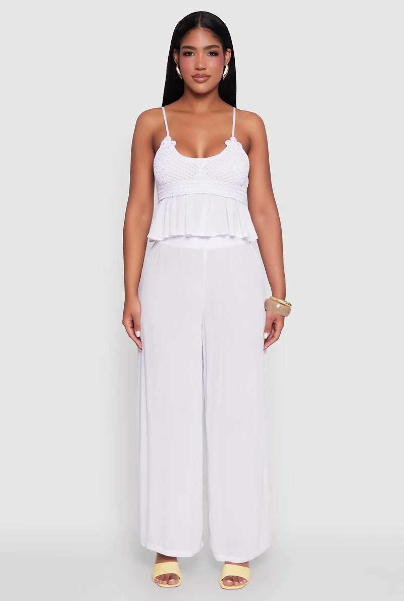 Womens Stylish Gauze Knit High Waisted Palazzo Pants, White, Size M