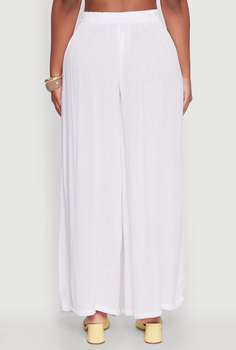 Womens Stylish Gauze Knit High Waisted Palazzo Pants, White, Size M