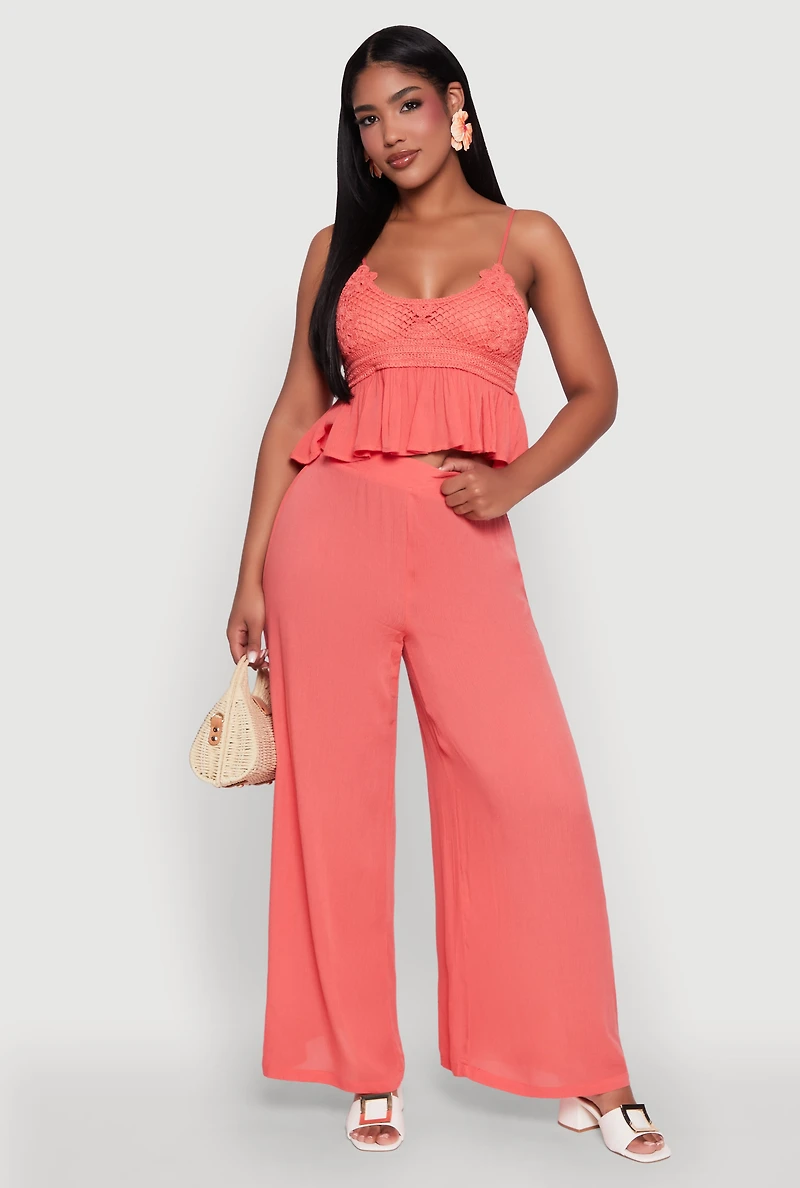 Womens Stylish Gauze Knit High Waisted Palazzo Pants, M