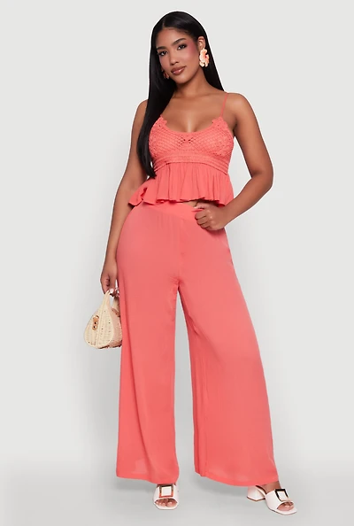 Womens Stylish Gauze Knit High Waisted Palazzo Pants, M