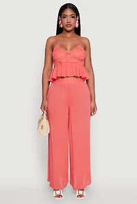 Womens Stylish Gauze Knit High Waisted Palazzo Pants, Pink, Size S